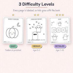 Pu&ograve; includere: Tre pagine da colorare a tema Halloween con il titolo 3 Difficulty Levels. La prima pagina mostra una zucca, la seconda un fantasma e la terza dei fantasmi con la scritta BOO!. Ogni pagina include stelle che indicano il livello di difficolt&agrave;.