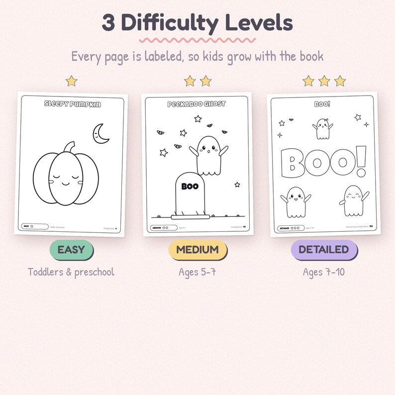 Pu&ograve; includere: Tre pagine da colorare a tema Halloween con il titolo 3 Difficulty Levels. La prima pagina mostra una zucca, la seconda un fantasma e la terza dei fantasmi con la scritta BOO!. Ogni pagina include stelle che indicano il livello di difficolt&agrave;.