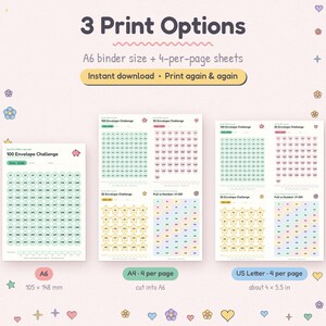 Three print options for the cash stuffing savings tracker: A6 binder size, plus A4 and US Letter sheets with 4 pages per sheet, instant download PDF.