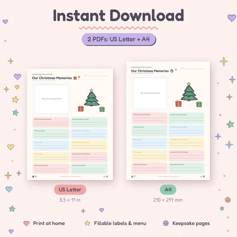 Może przedstawiać: Dwie cyfrowe strony do druku zatytułowane Our Christmas Memories z ramką na zdjęcia, choinką i kolorowymi sekcjami do wypełnienia. Zawiera formaty US Letter 8,5 x 11 cali oraz A4 210 x 297 mm do druku w domu.