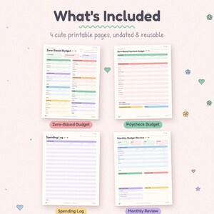 K&ouml;nnte beinhalten: Vier druckbare Budgetplaner-Seiten mit pastellfarbenen Abschnitten. Der Text lautet What's Included, 4 cute printable pages, undated & reusable, Zero-Based Budget, Paycheck Budget, Spending Log und Monthly Budget Review mit kleinen Blumen-Symbolen.