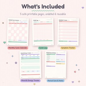 May include: Five printable pages including a Monthly Cycle Calendar, Cycle Log, Symptom Tracker, Mood & Energy Tracker, and Period Care & Notes. The pages feature pastel colour-coded sections, grids, and lines for tracking menstrual health data.