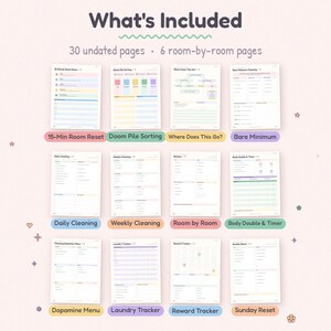 Op de afbeelding: Een digitale planner-set met 30 ongedateerde pagina's en 6 kamer-voor-kamer pagina's. De collectie bevat sjablonen met de titels 15-Min Room Reset, Doom Pile Sorting, Where Does This Go?, Bare Minimum, Daily Cleaning, Weekly Cleaning, Room by Room, Body Double & Timer, Dopamine Menu, Laundry Tracker, Reward Tracker en Sunday Reset.