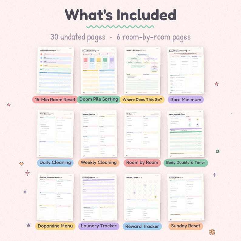 Op de afbeelding: Een digitale planner-set met 30 ongedateerde pagina's en 6 kamer-voor-kamer pagina's. De collectie bevat sjablonen met de titels 15-Min Room Reset, Doom Pile Sorting, Where Does This Go?, Bare Minimum, Daily Cleaning, Weekly Cleaning, Room by Room, Body Double & Timer, Dopamine Menu, Laundry Tracker, Reward Tracker en Sunday Reset.