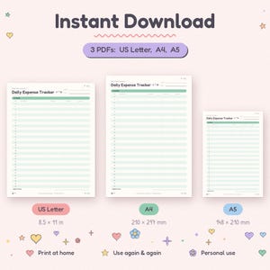 Spending tracker PDF in US Letter, A4 and A5 sizes, an instant download to print at home.