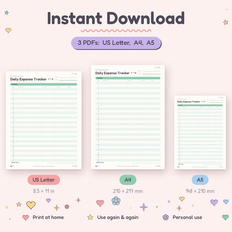 Spending tracker PDF in US Letter, A4 and A5 sizes, an instant download to print at home.