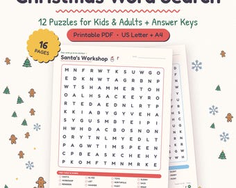 Op de afbeelding: Een printbare PDF-set met kerst-woordzoekers, bestaande uit 12 puzzels voor kinderen en volwassenen inclusief antwoordsleutels. Het document bevat 16 pagina's in US Letter en A4-formaat, met een Santa's Workshop-raster en een lijst met woorden.