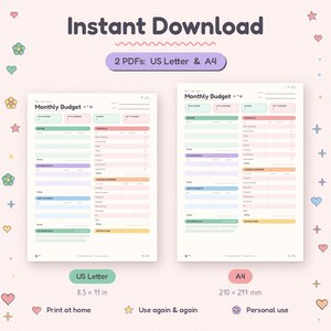 Pode incluir: Um modelo digital de planejador de or&ccedil;amento mensal dispon&iacute;vel para download imediato em dois formatos: US Letter (8,5 x 11 polegadas) e A4 (210 x 297 mm). O layout inclui se&ccedil;&otilde;es para receitas, despesas, poupan&ccedil;as e pagamentos de d&iacute;vidas.