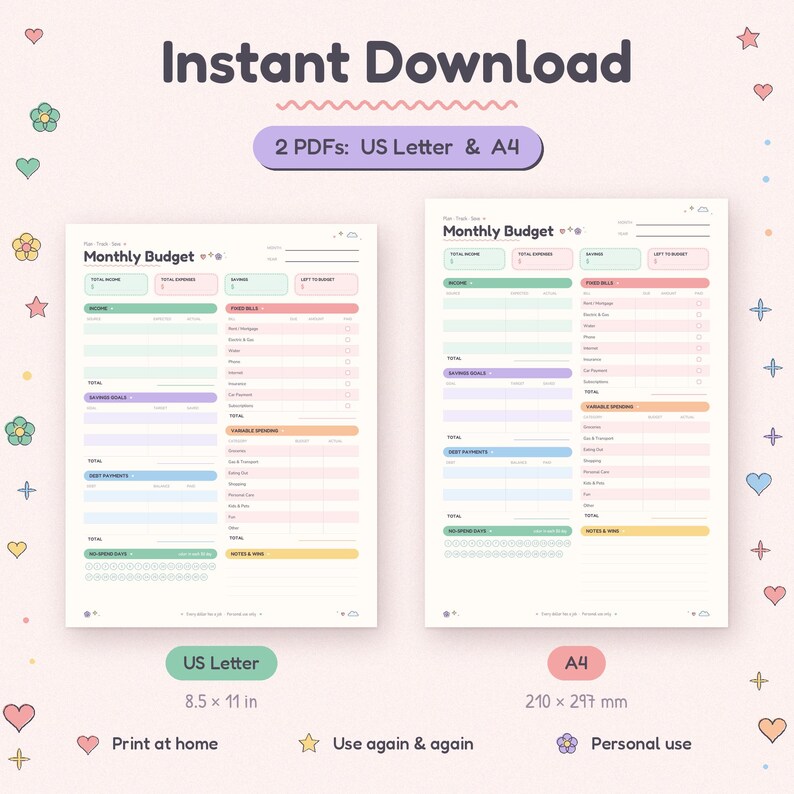 Pode incluir: Um modelo digital de planejador de or&ccedil;amento mensal dispon&iacute;vel para download imediato em dois formatos: US Letter (8,5 x 11 polegadas) e A4 (210 x 297 mm). O layout inclui se&ccedil;&otilde;es para receitas, despesas, poupan&ccedil;as e pagamentos de d&iacute;vidas.