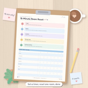 Op de afbeelding: Een klembord met een 15-Minute Room Reset checklist met gekleurde secties voor afval, vaat, was, verkeerde kamer en oppervlakken. Daaronder staat een wekelijks bijhoudrooster voor diverse kamers. Inclusief memoblaadjes met tekst.