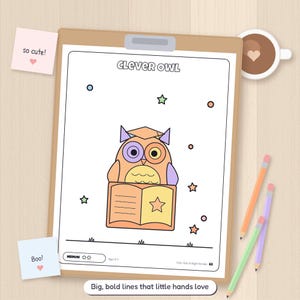 Pu&ograve; includere: Una pagina da colorare su una cartellina intitolata Clever Owl che mostra un gufo geometrico con tocco di laurea che legge un libro. La pagina include stelle e cerchi, con il testo Medium, Ages 3-5 e Cats, Owls & Night Animals 63.