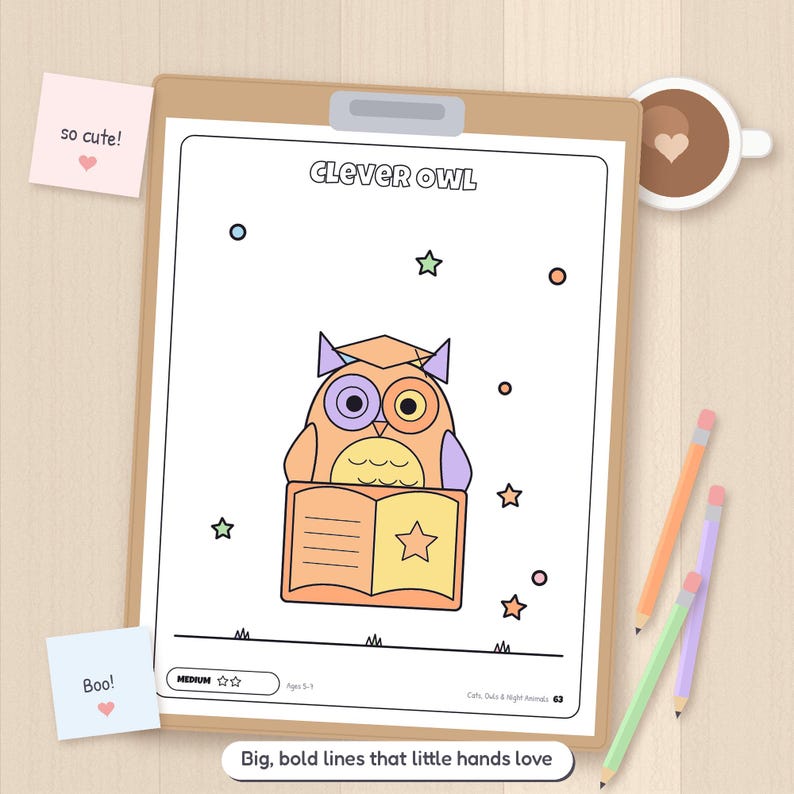 Pu&ograve; includere: Una pagina da colorare su una cartellina intitolata Clever Owl che mostra un gufo geometrico con tocco di laurea che legge un libro. La pagina include stelle e cerchi, con il testo Medium, Ages 3-5 e Cats, Owls & Night Animals 63.