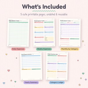 What's included: daily, weekly and monthly expense trackers, a yearly expense summary and a category spending ledger.