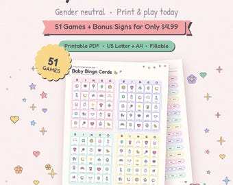Pakiet 51 gier na baby shower (bez względu na płeć), plik PDF do wydrukowania (do natychmiastowego pobrania)