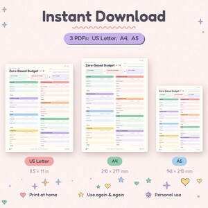 K&ouml;nnte beinhalten: Eine digitale Vorlage f&uuml;r einen Zero-Based-Budgetplaner als Sofort-Download in drei Gr&ouml;&szlig;en: US Letter (8,5 x 11 Zoll), A4 (210 x 297 mm) und A5 (148 x 210 mm). Die Formulare enthalten pastellfarbene Abschnitte f&uuml;r Einnahmen, Ausgaben und Ersparnisse.