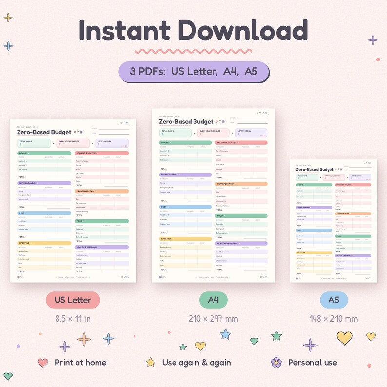 K&ouml;nnte beinhalten: Eine digitale Vorlage f&uuml;r einen Zero-Based-Budgetplaner als Sofort-Download in drei Gr&ouml;&szlig;en: US Letter (8,5 x 11 Zoll), A4 (210 x 297 mm) und A5 (148 x 210 mm). Die Formulare enthalten pastellfarbene Abschnitte f&uuml;r Einnahmen, Ausgaben und Ersparnisse.