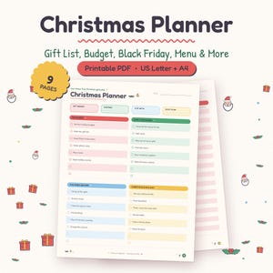 May include: A printable Christmas planner PDF with 9 pages in US Letter size. The document features sections for gift lists, budgets, Black Friday, and menus, with colorful headers and checkboxes for holiday tasks, organized by date and category.