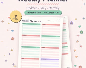 Planificador semanal sin fecha para imprimir, calendario diario en tonos pastel, lista de tareas (descarga digital)
