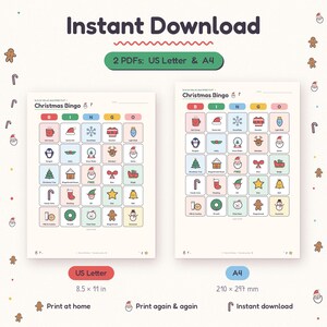 Kids Christmas bingo cards PDF in US Letter and A4 sizes, an instant download ready to print for a classroom holiday party.