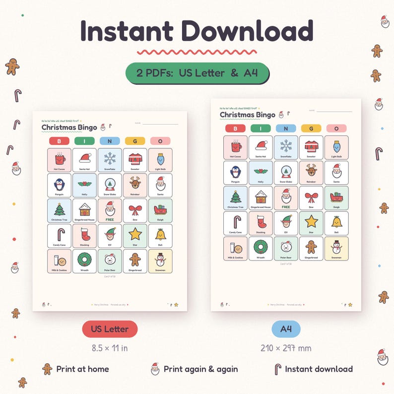 Kids Christmas bingo cards PDF in US Letter and A4 sizes, an instant download ready to print for a classroom holiday party.