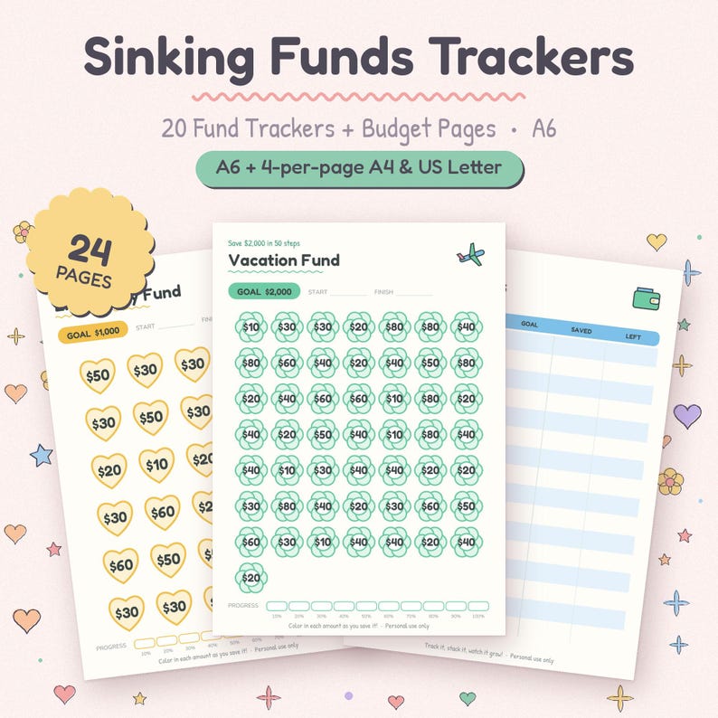 Paket med spårningsverktyg för sjunkande fonder, budgetpärm i A6-format, sparkuvert med kontanter (PDF) bild 4