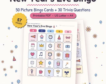New Year's Eve Bingo Game, 50 Cards + Trivia (PDF Download)