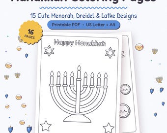 Dibujos para colorear de Hanukkah para niños: Menorá, Dreidel, Latkes (PDF imprimible)
