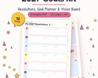 2027 Goal Planner Kit, Vision Board, Resolutions Worksheet (PDF Download)