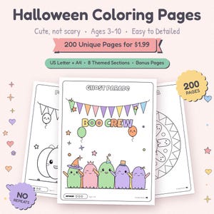 Pu&ograve; includere: Una raccolta di pagine da colorare di Halloween con 200 disegni unici. La pagina centrale mostra il testo Ghost Parade e Boo Crew con illustrazioni di fantasmi colorati, festoni e palloncini. Include i formati US Letter e A4.