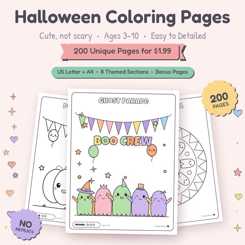 Pu&ograve; includere: Una raccolta di pagine da colorare di Halloween con 200 disegni unici. La pagina centrale mostra il testo Ghost Parade e Boo Crew con illustrazioni di fantasmi colorati, festoni e palloncini. Include i formati US Letter e A4.