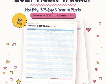 2027 Habit Tracker Printable, Monthly, 365-Day, Year in Pixels (PDF)