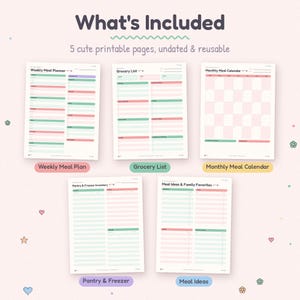 Może przedstawiać: Pięć stron do druku, w tym Weekly Meal Planner, Grocery List, Monthly Meal Calendar, Pantry & Freezer Inventory oraz Meal Ideas & Family Favorites. Strony mają jasnor&oacute;żową, zieloną i białą kolorystykę z widocznym tekstem.