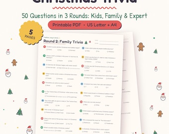 May include: A Christmas Trivia game set featuring 50 questions across three rounds: Kids, Family, and Expert. The printable PDF includes five pages in US Letter size, decorated with small icons of gingerbread men, Santa, and Christmas trees.