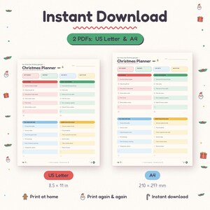 May include: A digital Christmas planner template featuring two layout options, US Letter 8.5 x 11 inches and A4 210 x 297 mm. The planner includes sections for gift budgets, wishlists, gift tracking, and to-do lists with colorful headers.