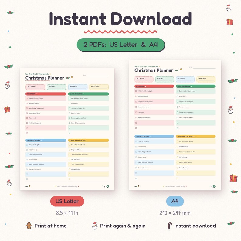 May include: A digital Christmas planner template featuring two layout options, US Letter 8.5 x 11 inches and A4 210 x 297 mm. The planner includes sections for gift budgets, wishlists, gift tracking, and to-do lists with colorful headers.