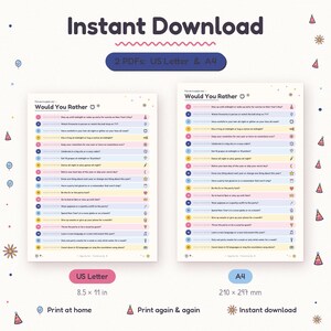 May include: A digital New Year's Eve themed Would You Rather game sheet featuring twenty numbered questions with colourful pastel backgrounds and icons. The document includes two PDF versions, US Letter at 8.5 by 11 inches and A4 at 210 by 297 mm.