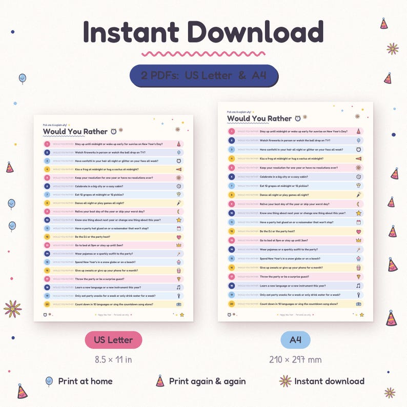 May include: A digital New Year's Eve themed Would You Rather game sheet featuring twenty numbered questions with colourful pastel backgrounds and icons. The document includes two PDF versions, US Letter at 8.5 by 11 inches and A4 at 210 by 297 mm.