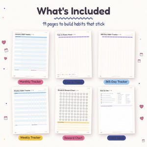 What's included in the 19 pages: how-to page with 18 habit ideas, Year in Pixels mood tracker, three 365-day trackers, 12 monthly habit trackers, weekly tracker and streak chart.