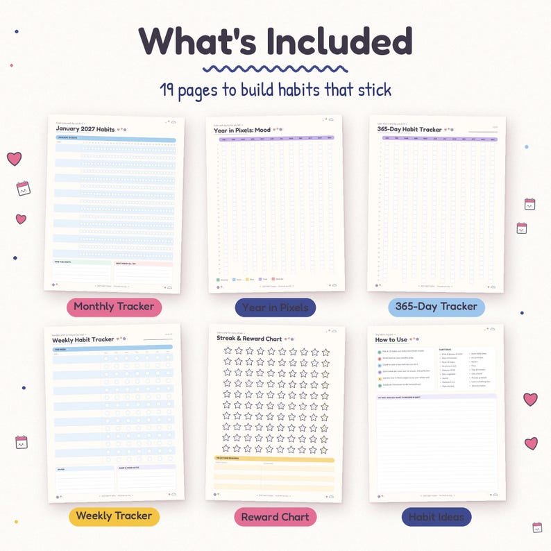 What's included in the 19 pages: how-to page with 18 habit ideas, Year in Pixels mood tracker, three 365-day trackers, 12 monthly habit trackers, weekly tracker and streak chart.