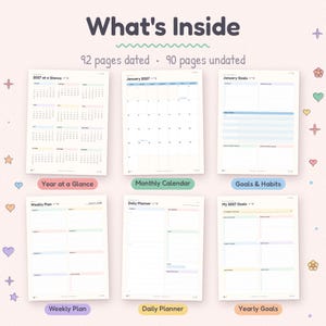 May include: A digital planner layout featuring six distinct page templates labeled What's Inside, 92 pages dated, 90 pages undated. The pages include Year at a Glance, Monthly Calendar, Goals & Habits, Weekly Plan, Daily Planner, and My 2027 Goals.