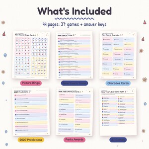 May include: A collection of printable New Year's party game sheets featuring 44 pages total, including 37 games and answer keys. The set includes New Year's Bingo cards, trivia, charades, 2027 predictions, party awards, and a game night list.