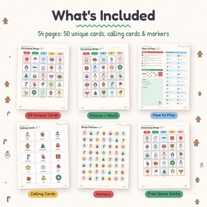 What's included in the Christmas picture bingo set: how-to-play page, 50 unique bingo cards with picture and word squares, 28 calling cards and cut-out markers.