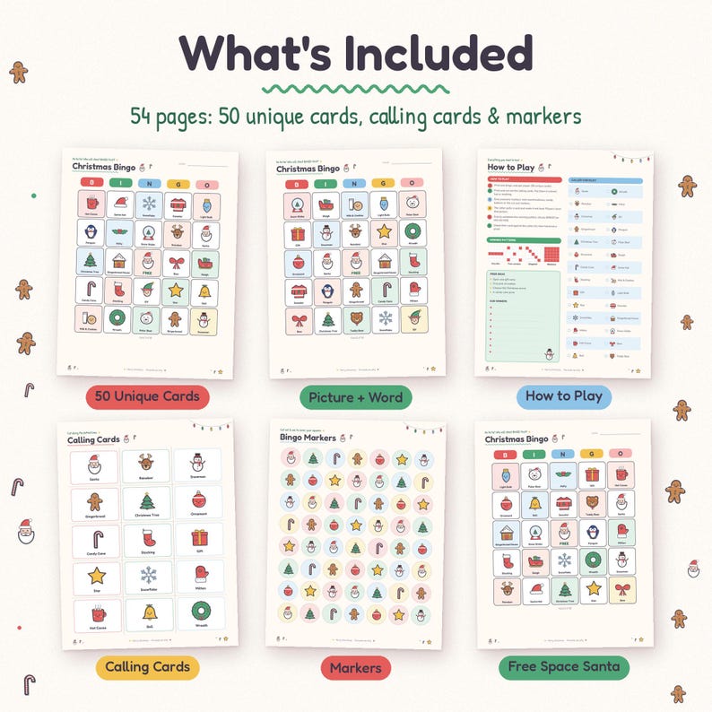 What's included in the Christmas picture bingo set: how-to-play page, 50 unique bingo cards with picture and word squares, 28 calling cards and cut-out markers.