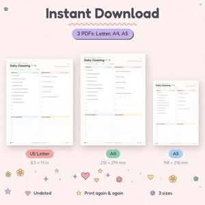 Op de afbeelding: Een digitale dagelijkse schoonmaakchecklist als directe download in drie formaten: US Letter (8,5 x 11 inch), A4 (210 x 297 mm) en A5 (148 x 210 mm). De ongedateerde plannerpagina's bevatten secties voor dagelijkse taken, schoonmaak en notities.