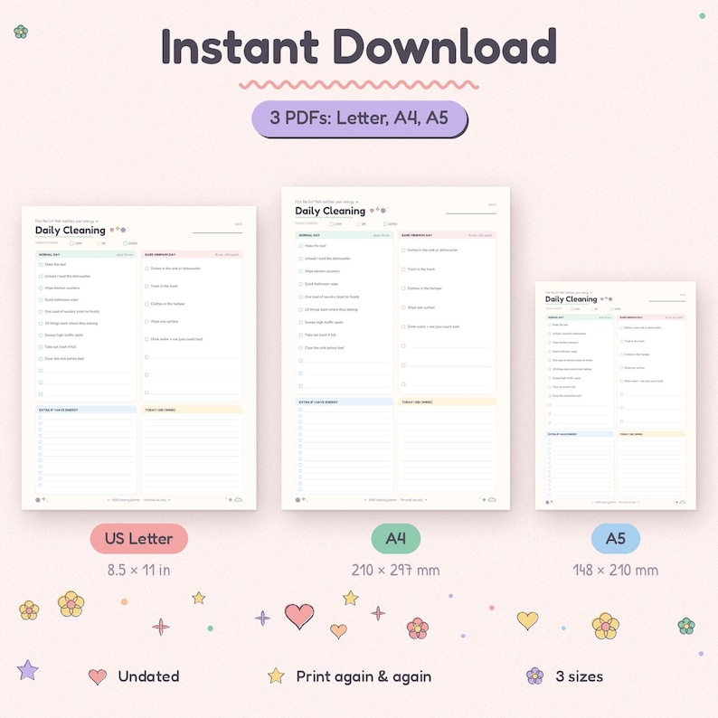 Op de afbeelding: Een digitale dagelijkse schoonmaakchecklist als directe download in drie formaten: US Letter (8,5 x 11 inch), A4 (210 x 297 mm) en A5 (148 x 210 mm). De ongedateerde plannerpagina's bevatten secties voor dagelijkse taken, schoonmaak en notities.