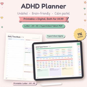 K&ouml;nnte beinhalten: Ein ADHS-Planer-Set bestehend aus einer druckbaren Tagesplan-Seite und einer hyperverlinkten digitalen Tablet-Version. Das Design verwendet eine ruhige Pastellfarbpalette mit 116 Seiten in den Formaten Letter, A4 und A5. Die digitale Benutzeroberfl&auml;che enth&auml;lt Navigationstabs und organisierte Bereiche f&uuml;r t&auml;gliche Aufgaben.