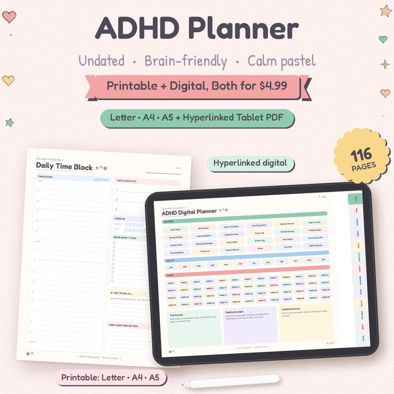 K&ouml;nnte beinhalten: Ein ADHS-Planer-Set bestehend aus einer druckbaren Tagesplan-Seite und einer hyperverlinkten digitalen Tablet-Version. Das Design verwendet eine ruhige Pastellfarbpalette mit 116 Seiten in den Formaten Letter, A4 und A5. Die digitale Benutzeroberfl&auml;che enth&auml;lt Navigationstabs und organisierte Bereiche f&uuml;r t&auml;gliche Aufgaben.
