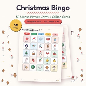 Christmas Bingo Game Printable with 50 unique picture bingo cards for kids, classrooms and family Christmas parties.