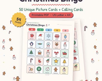 Gra w bingo świąteczne, 50 kart obrazkowych, aktywność na imprezę świąteczną (PDF)