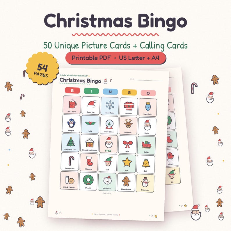 Christmas Bingo Game Printable with 50 unique picture bingo cards for kids, classrooms and family Christmas parties.